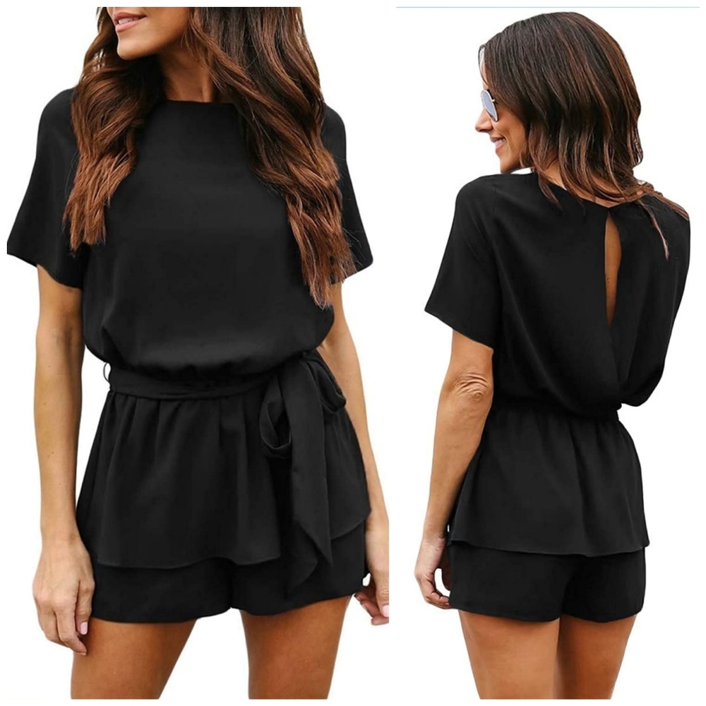 Tie Sash Belted Midi Casual Romper, L